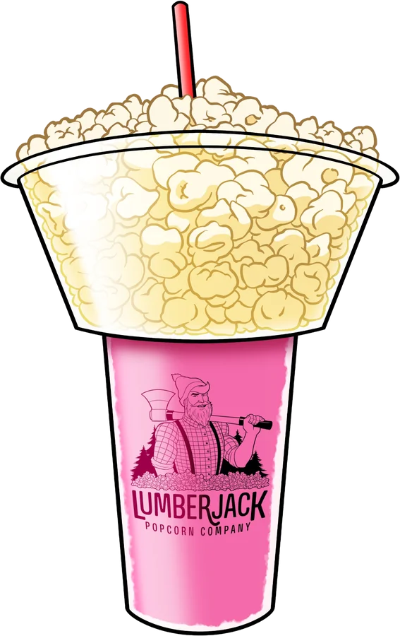 Pink frozen lemonade in a Lumberjack cup with a popcorn topper
